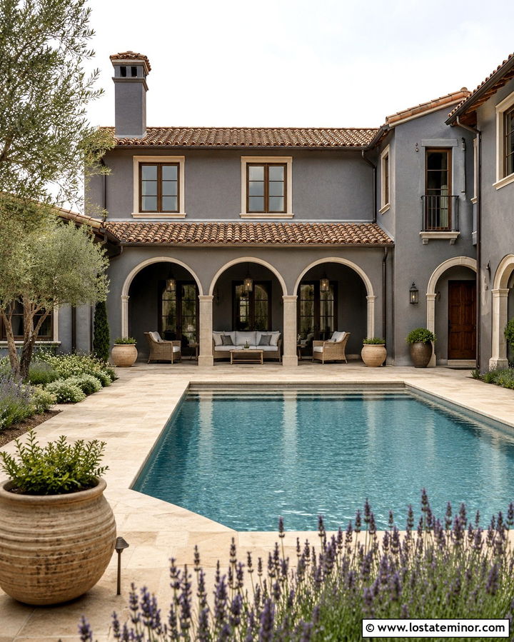 Slate Grey Mediterranean House With Courtyard Pool - 30 Slate Grey House Design With Swimming Pool Ideas