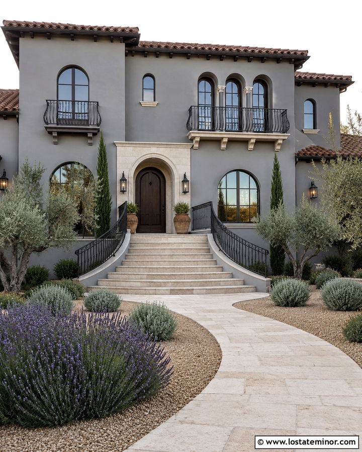 Slate Grey Mediterranean House With Curved Iron Railings - 30 Slate Grey House Design With Railings Ideas