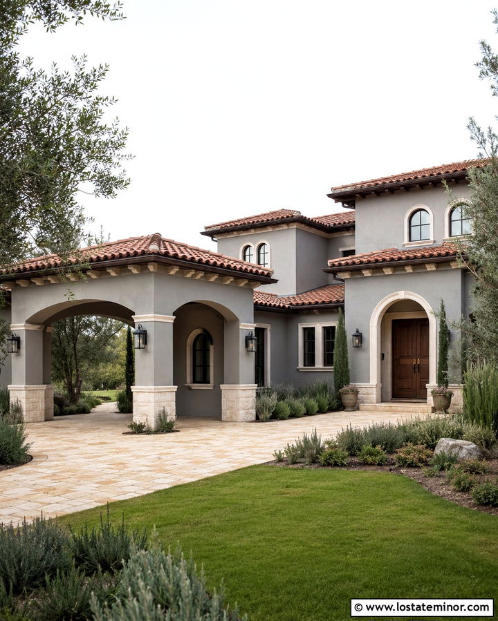 Slate Grey Mediterranean House With Tiled Carport - 30 Slate Grey House Design With Carport Ideas