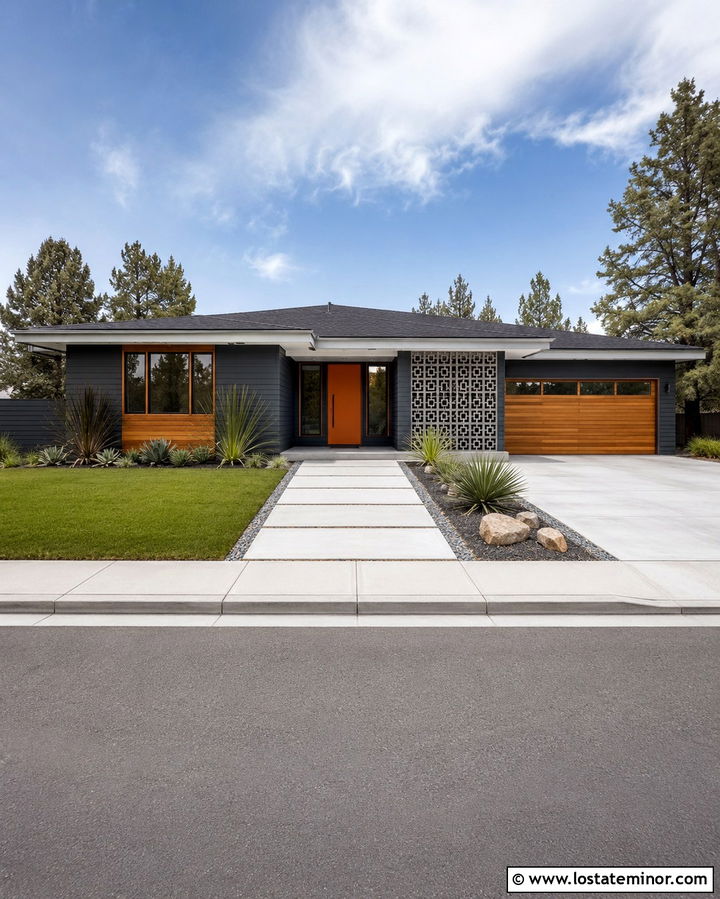 Slate Grey Mid Century House With Orange Front Door - 30 Slate Grey House Design With Front Door Ideas
