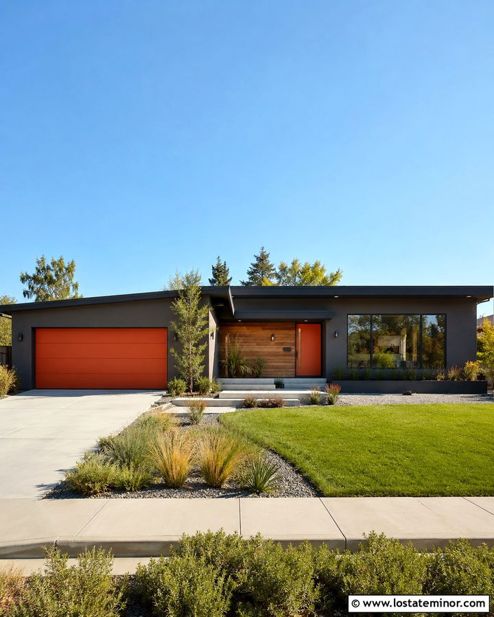 Slate Grey Midcentury House With Orange Garage Door - 30 Slate Grey House Design With Garage Door Ideas