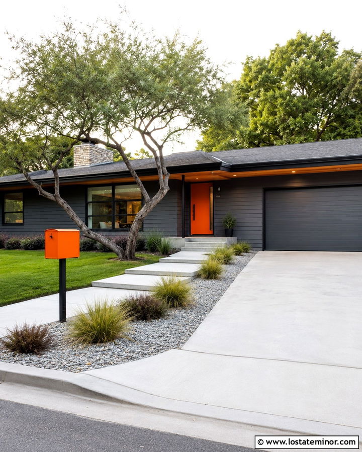 Slate Grey Midcentury House With Orange Mailbox - 30 Slate Grey House Design With Mailbox Ideas