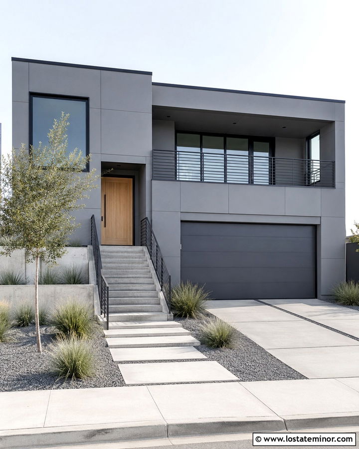 Slate Grey Minimalist House With Grey Railings - 30 Slate Grey House Design With Railings Ideas