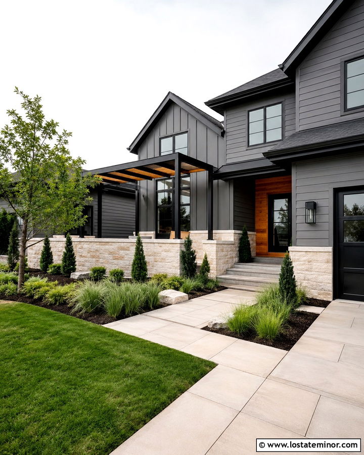 Slate Grey Mixed Siding House With Pergola - 30 Slate Grey House Design With Pergola Ideas
