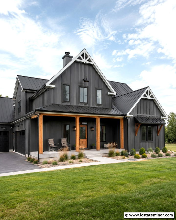 Slate Grey Modern Farmhouse With Barn Lights - 30 Slate Grey House Design With Lighting Ideas