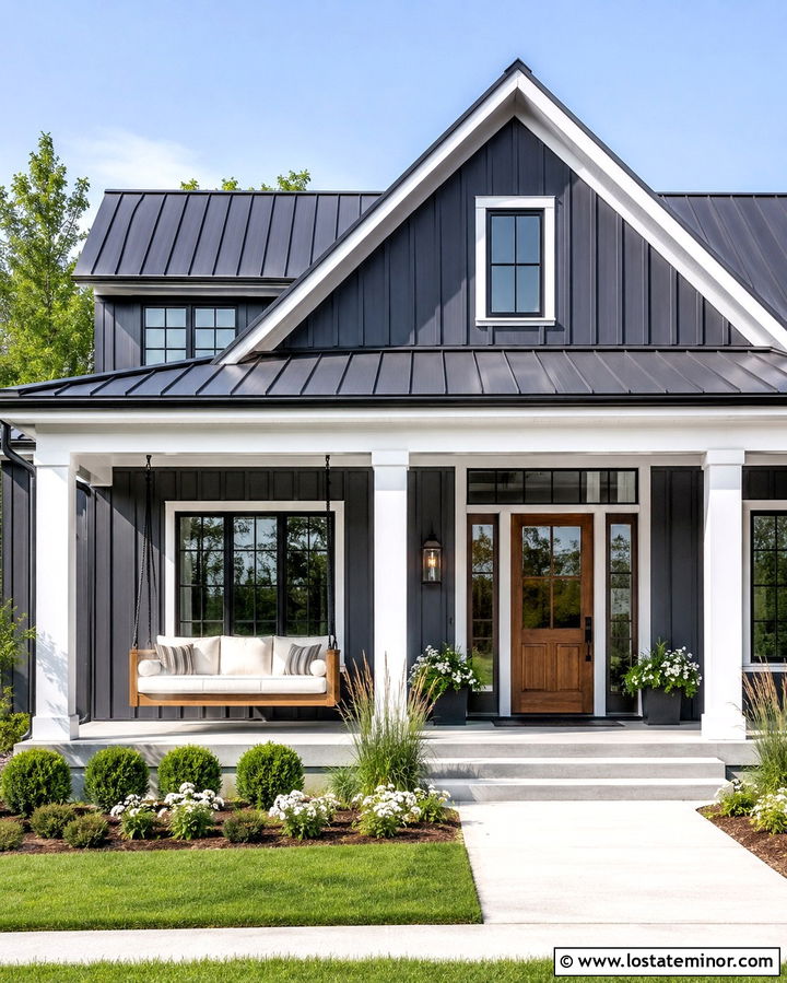 Slate Grey Modern Farmhouse With Bed Swing - 30 Slate Grey House Design With Swing Ideas