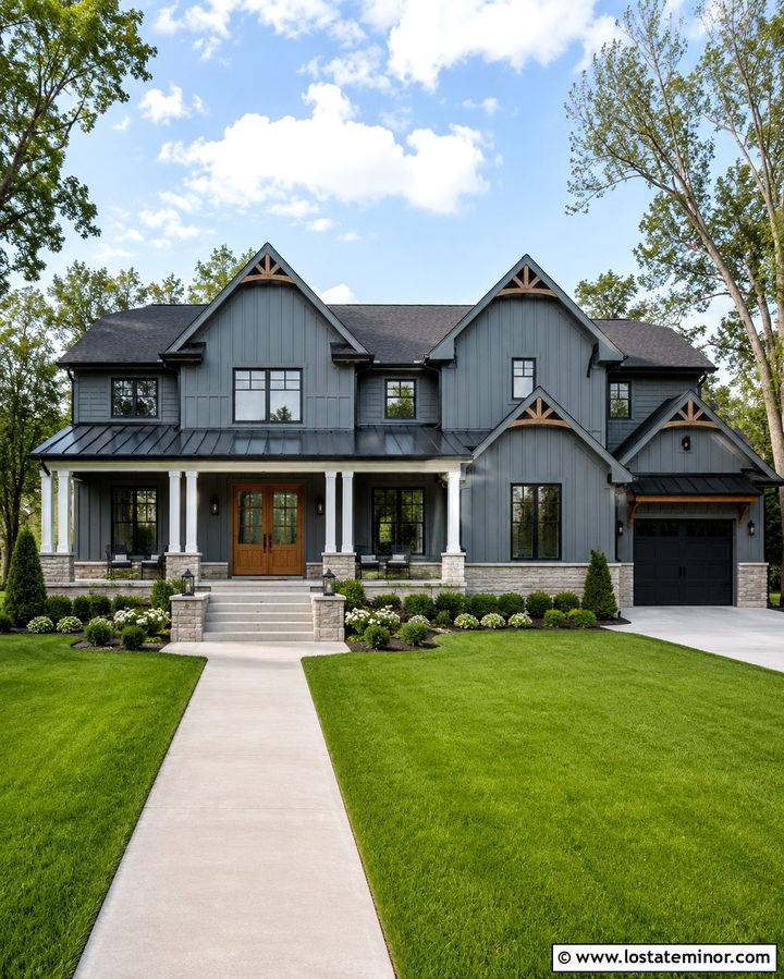 Slate Grey Modern Farmhouse With Gables - 30 Slate Grey House Design With Gables Ideas