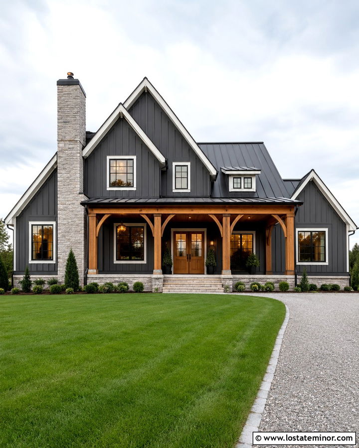 Slate Grey Modern Farmhouse With Stone Chimney - 30 Slate Grey House Design With Chimney Ideas