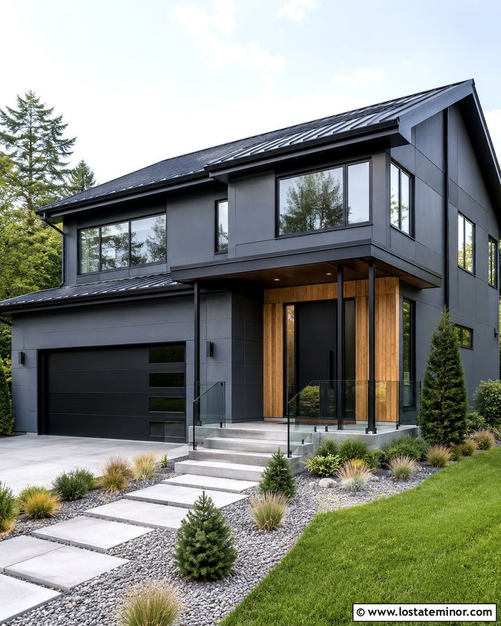 Slate Grey Modern House With Black Steel Columns - 30 Slate Grey House Design With Porch Columns Ideas