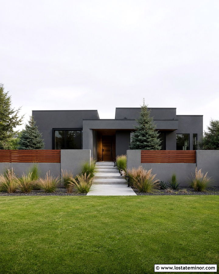 Slate Grey Modern House With Concrete Fence - 30 Slate Grey House Design With Fence Ideas