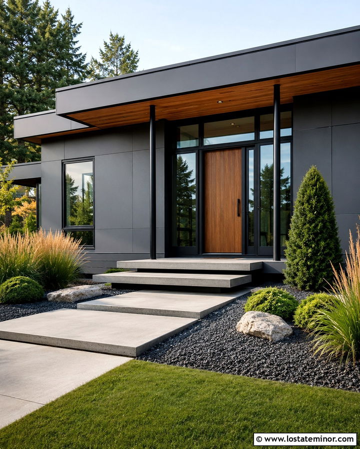 Slate Grey Modern House With Concrete Front Porch - 30 Slate Grey House Design With Front Porch Ideas
