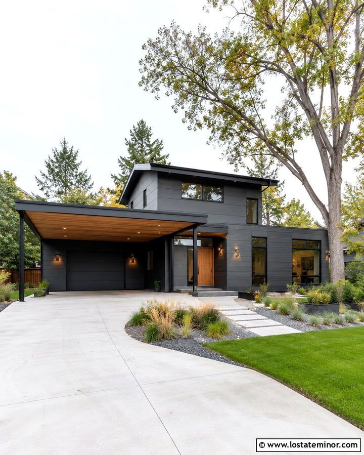 Slate Grey Modern House With Flat Roof Carport - 30 Slate Grey House Design With Carport Ideas