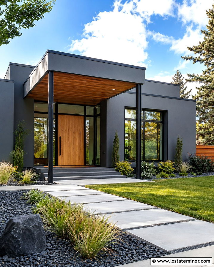 Slate Grey Modern House With Flat Roof Portico - 30 Slate Grey House Design With Portico Ideas