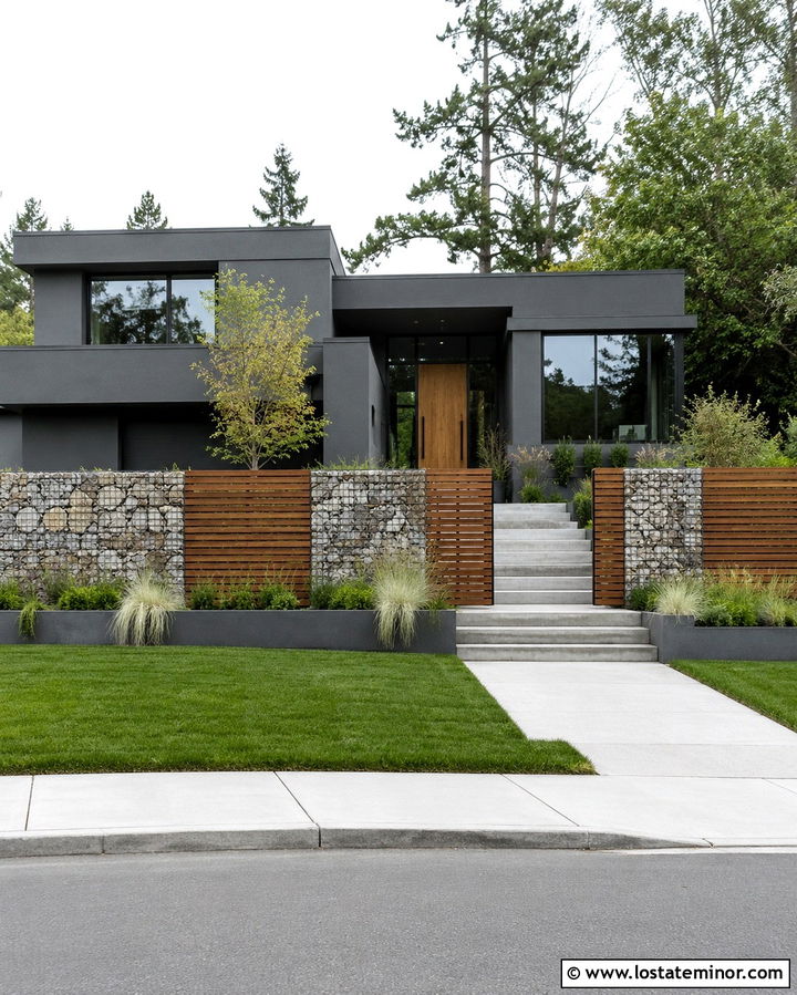 Slate Grey Modern House With Gabion Fence - 30 Slate Grey House Design With Fence Ideas