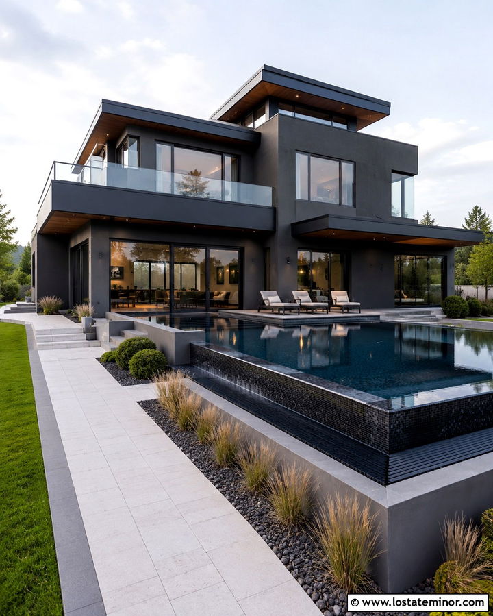 Slate Grey Modern House With Infinity Pool - 30 Slate Grey House Design With Swimming Pool Ideas