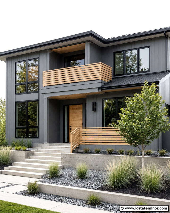 Slate Grey Modern House With Natural Wood Railings - 30 Slate Grey House Design With Railings Ideas