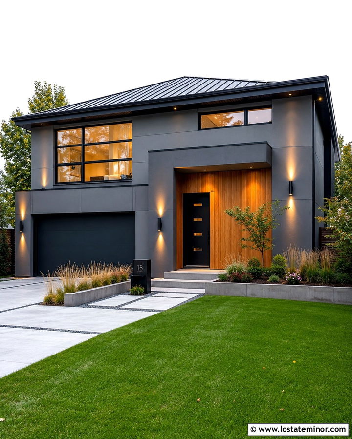 Slate Grey Modern House With Up And Down Lights - 30 Slate Grey House Design With Light Fixtures Ideas