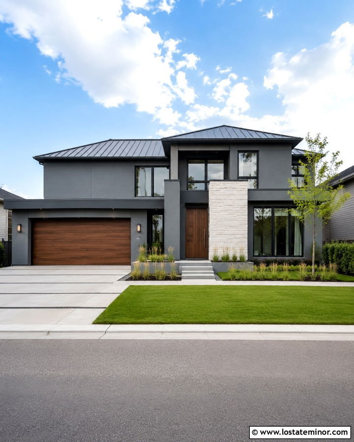 Slate Grey Modern House With Walnut Garage Door - 30 Slate Grey House Design With Garage Door Ideas