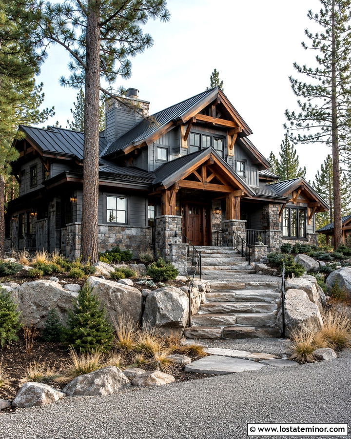 Slate Grey Mountain House With Boulder Steps - 30 Slate Grey House Design With Steps Ideas