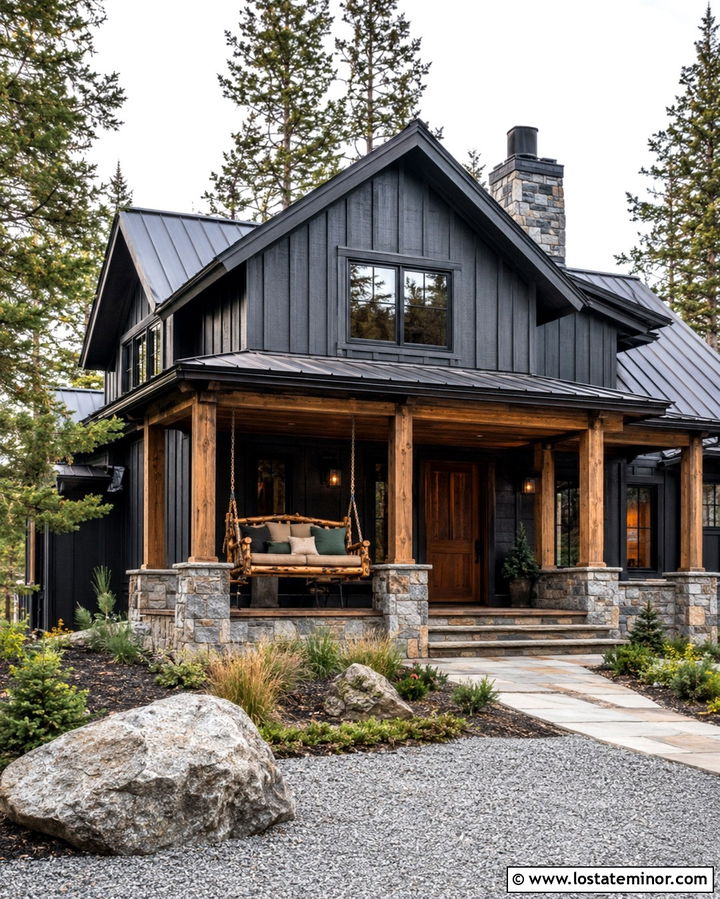 Slate Grey Mountain House With Log Swing - 30 Slate Grey House Design With Swing Ideas