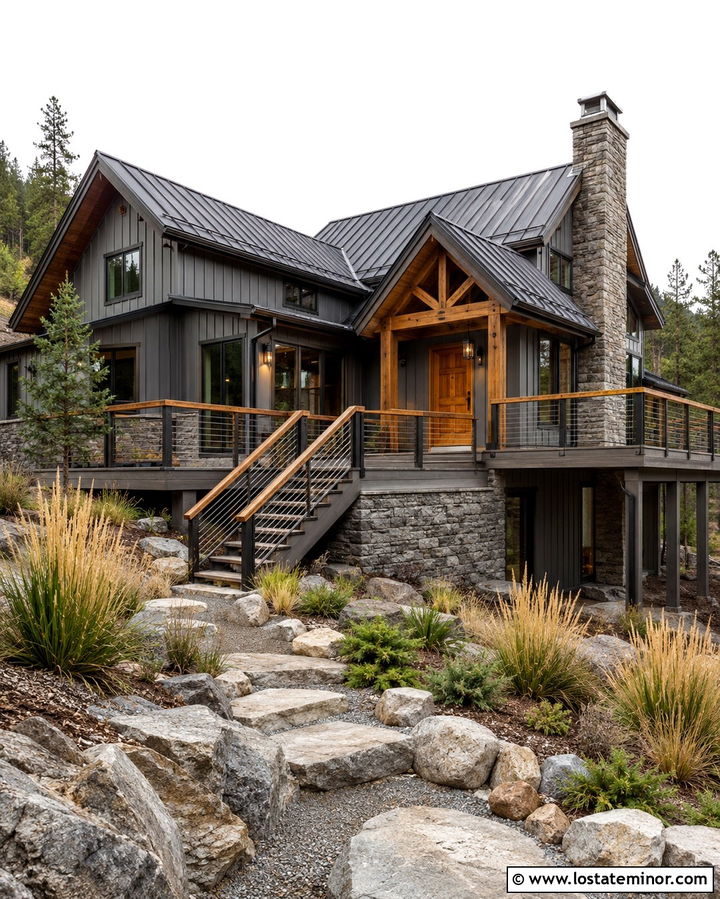 Slate Grey Mountain House With Mixed Railings - 30 Slate Grey House Design With Railings Ideas