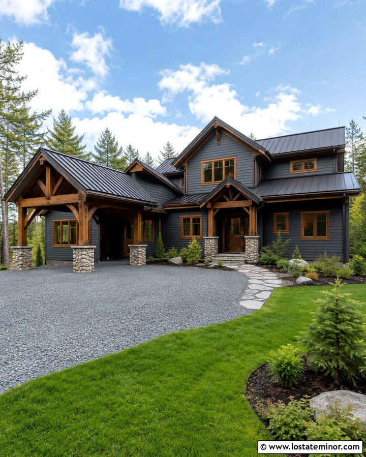 Slate Grey Mountain House With Stone Carport - 30 Slate Grey House Design With Carport Ideas