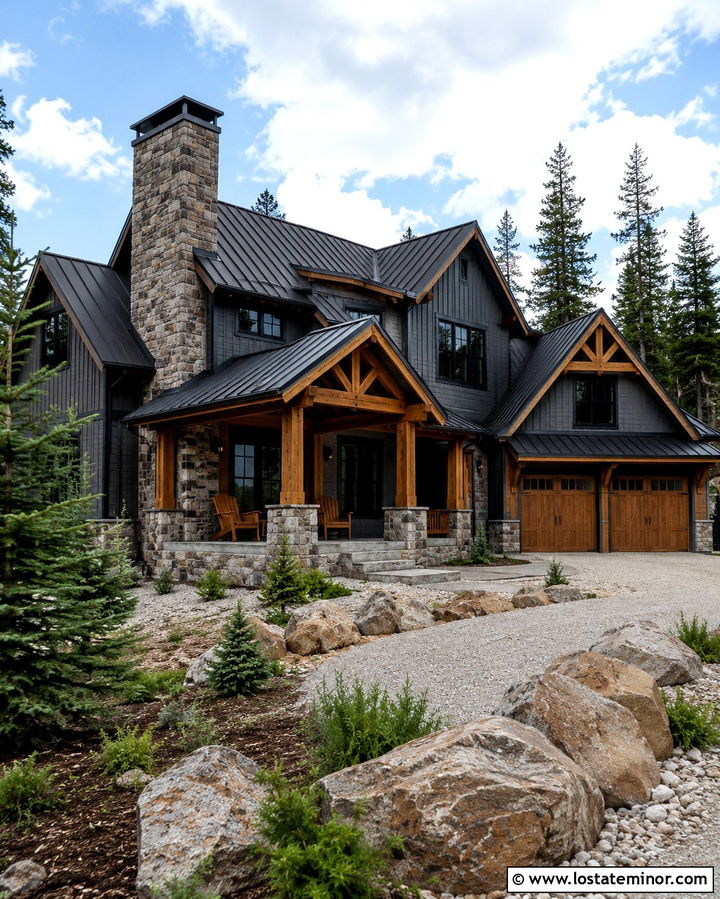 Slate Grey Mountain House With Stone Chimney - 30 Slate Grey House Design With Chimney Ideas