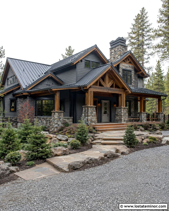 Slate Grey Mountain House With Taupe Front Door - 30 Slate Grey House Design With Front Door Ideas