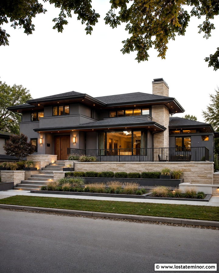 Slate Grey Prairie House With Bronze Railings - 30 Slate Grey House Design With Railings Ideas