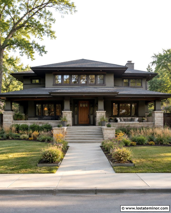 Slate Grey Prairie House With Low Front Porch - 30 Slate Grey House Design With Front Porch Ideas