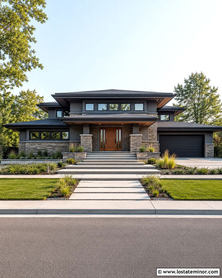Slate Grey Prairie House With Low Steps - 30 Slate Grey House Design With Steps Ideas