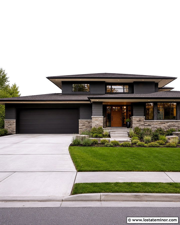 Slate Grey Prairie House With Recessed Garage Door - 30 Slate Grey House Design With Garage Door Ideas