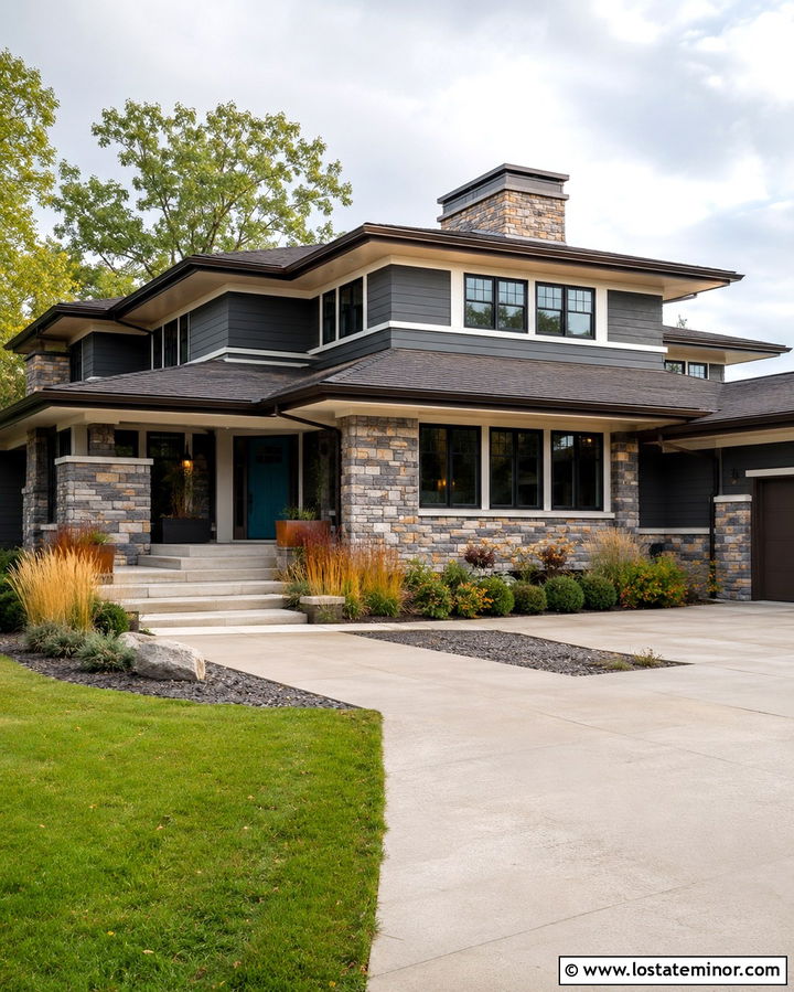 Slate Grey Prairie House With Teal Front Door - 30 Slate Grey House Design With Front Door Ideas