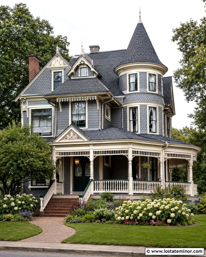 Slate Grey Queen Anne With Wraparound Railings - 30 Slate Grey House Design With Railings Ideas