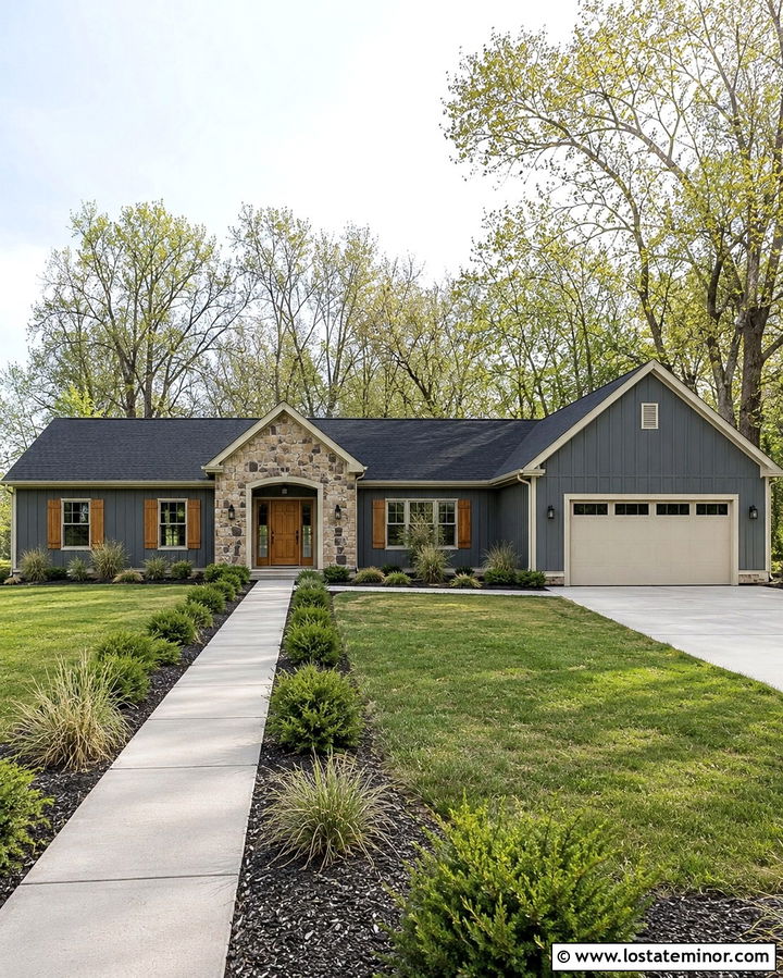 Slate Grey Ranch House With Cedar Shutters - 30 Slate Grey House Design With Shutters Ideas