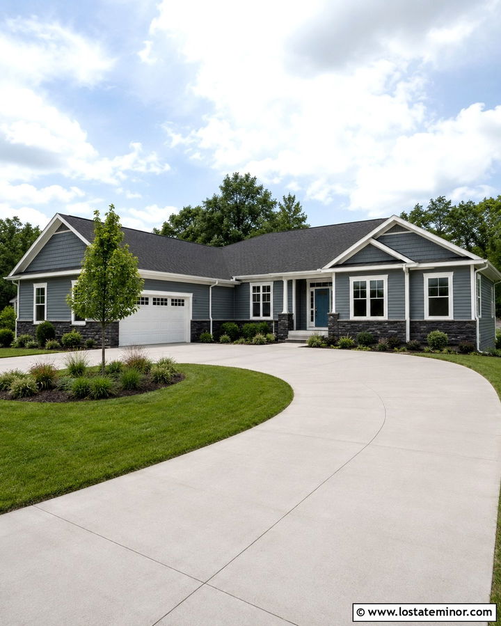 Slate Grey Ranch House With Curved Driveway - 30 Slate Grey House Design With Driveway Ideas
