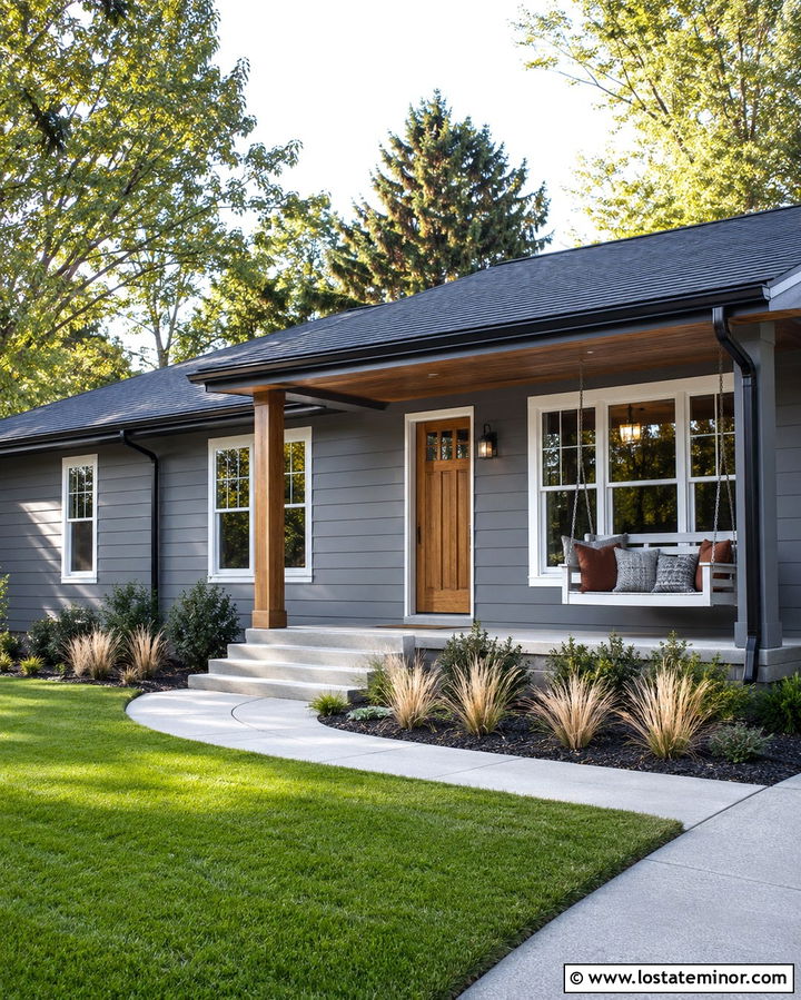 Slate Grey Ranch House With Hanging Bench Swing - 30 Slate Grey House Design With Swing Ideas