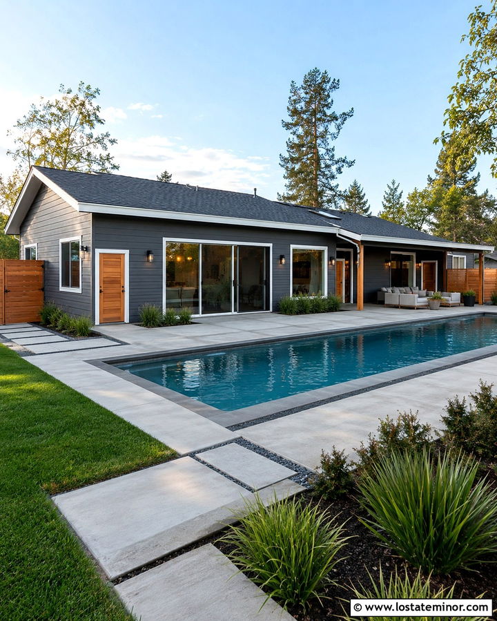 Slate Grey Ranch House With Lap Pool - 30 Slate Grey House Design With Swimming Pool Ideas