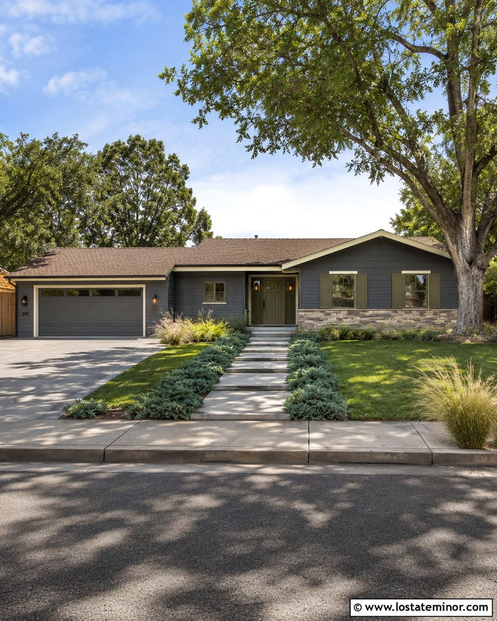 Slate Grey Ranch House With Olive Green Shutters - 30 Slate Grey House Design With Shutters Ideas