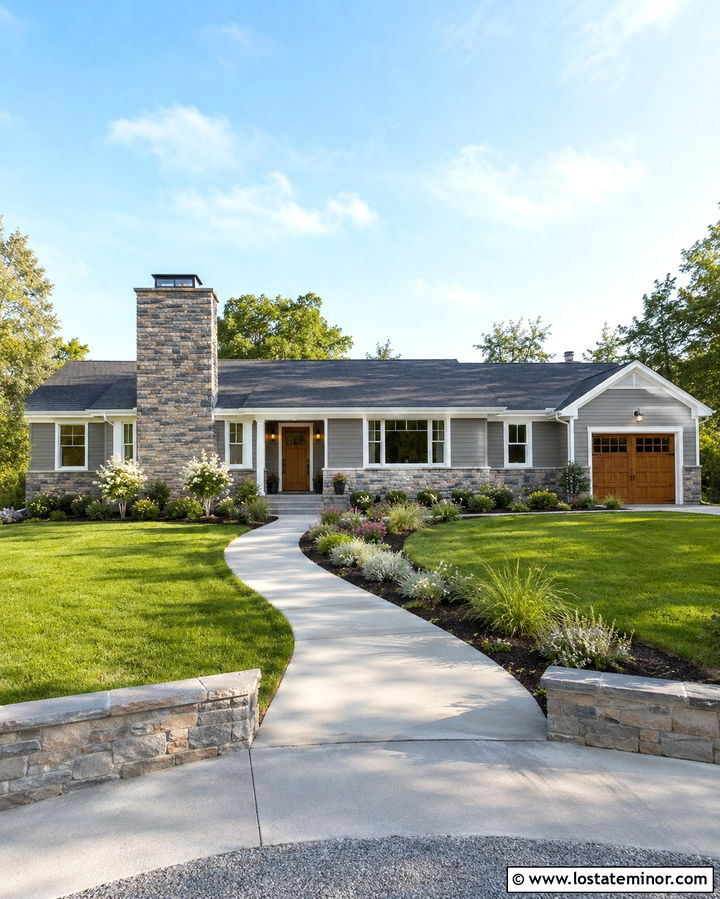 Slate Grey Ranch House With Wide Chimney - 30 Slate Grey House Design With Chimney Ideas