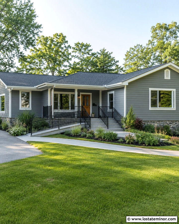 Slate Grey Ranch With Accessibility Railings - 30 Slate Grey House Design With Railings Ideas