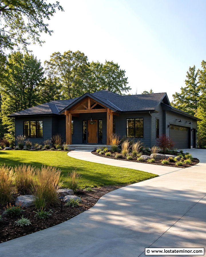 Slate Grey Ranch With Cedar Porch Columns - 30 Slate Grey House Design With Porch Columns Ideas