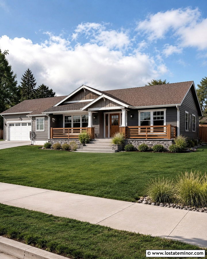 Slate Grey Ranch With Horizontal Wood Railings - 30 Slate Grey House Design With Railings Ideas
