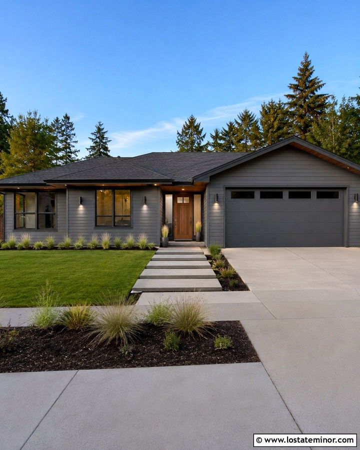 Slate Grey Ranch With Modern Cylinder Lights - 30 Slate Grey House Design With Light Fixtures Ideas