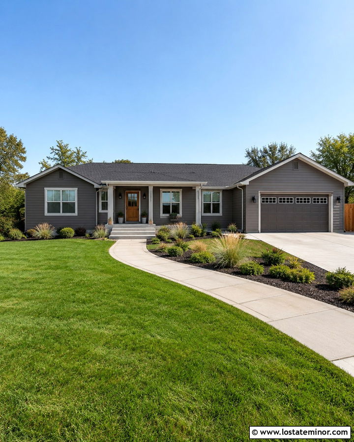 Slate Grey Ranch With Wide Concrete Steps - 30 Slate Grey House Design With Steps Ideas