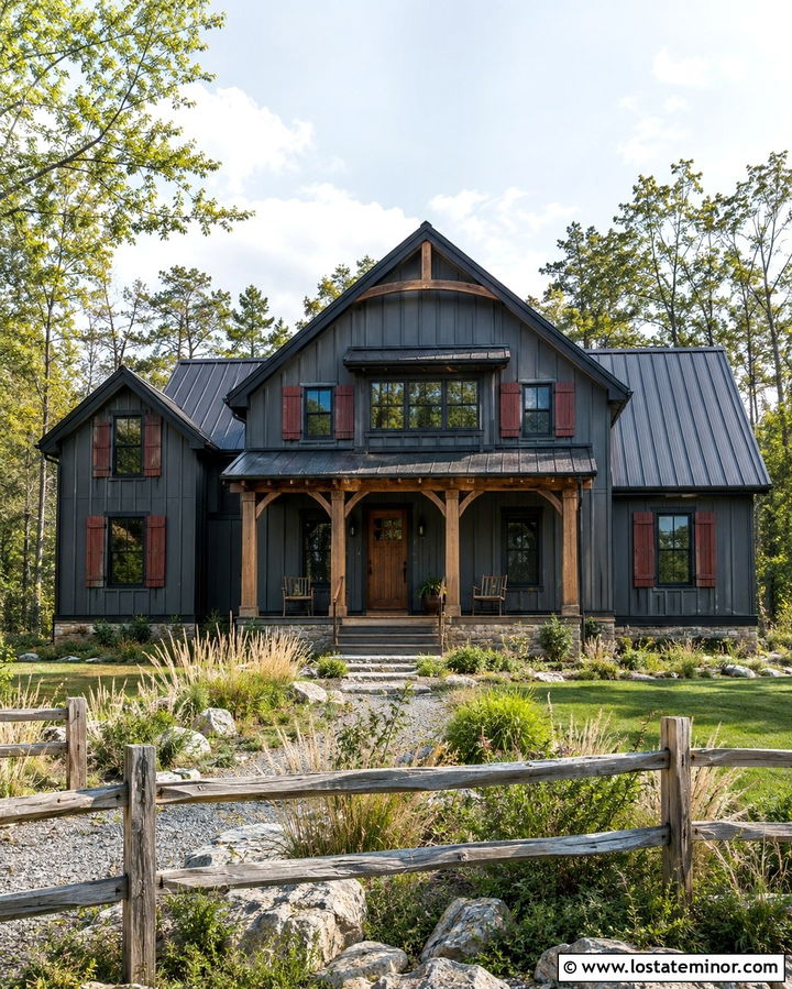 Slate Grey Rustic House With Barn Red Shutters - 30 Slate Grey House Design With Shutters Ideas