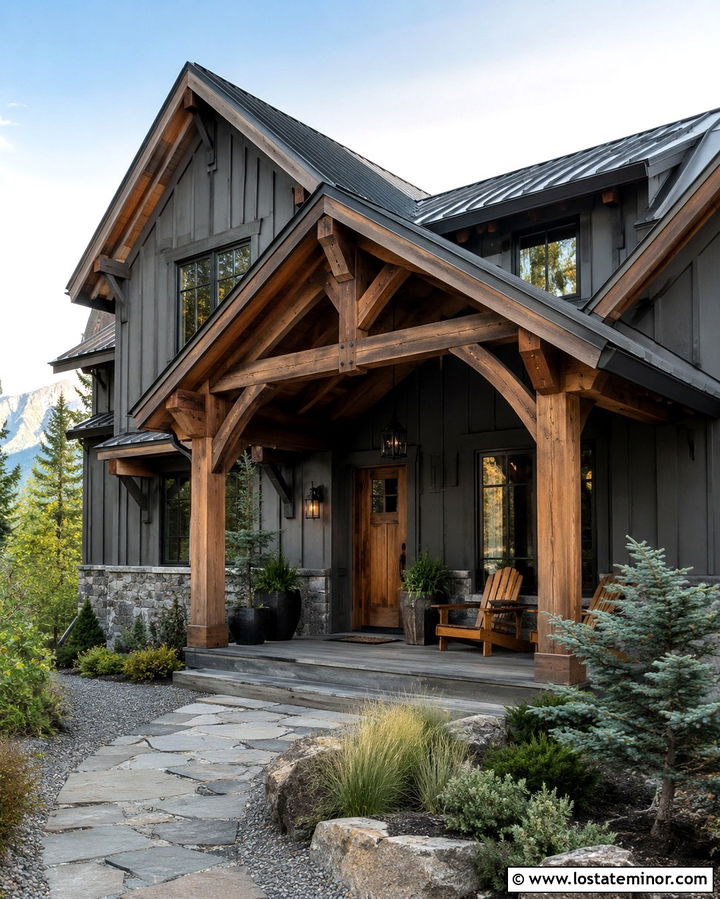 Slate Grey Rustic House With Timber Front Porch - 30 Slate Grey House Design With Front Porch Ideas