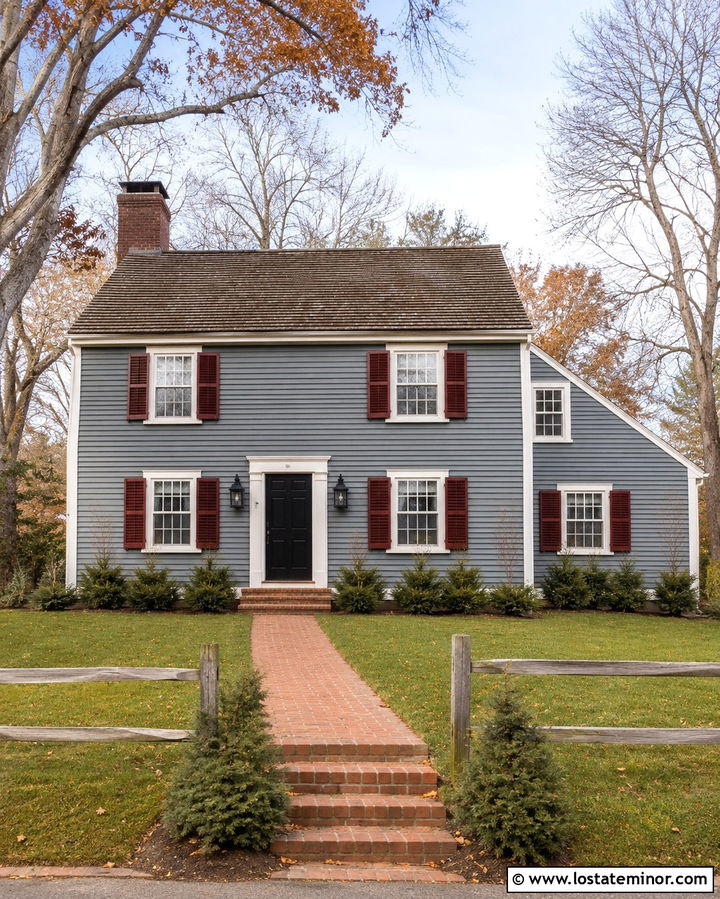 Slate Grey Saltbox House With Red Shutters - 30 Slate Grey House Design With Shutters Ideas