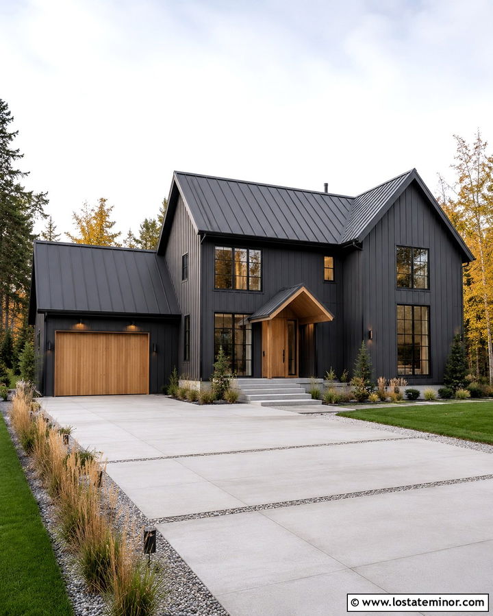 Slate Grey Scandinavian House With Pale Wood Garage Door - 30 Slate Grey House Design With Garage Door Ideas