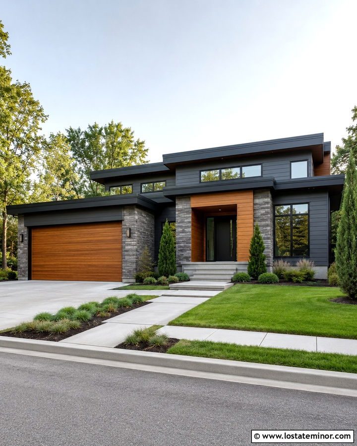 Slate Grey Siding With A Cedar Garage Door - 30 Slate Grey House Design With Siding Ideas